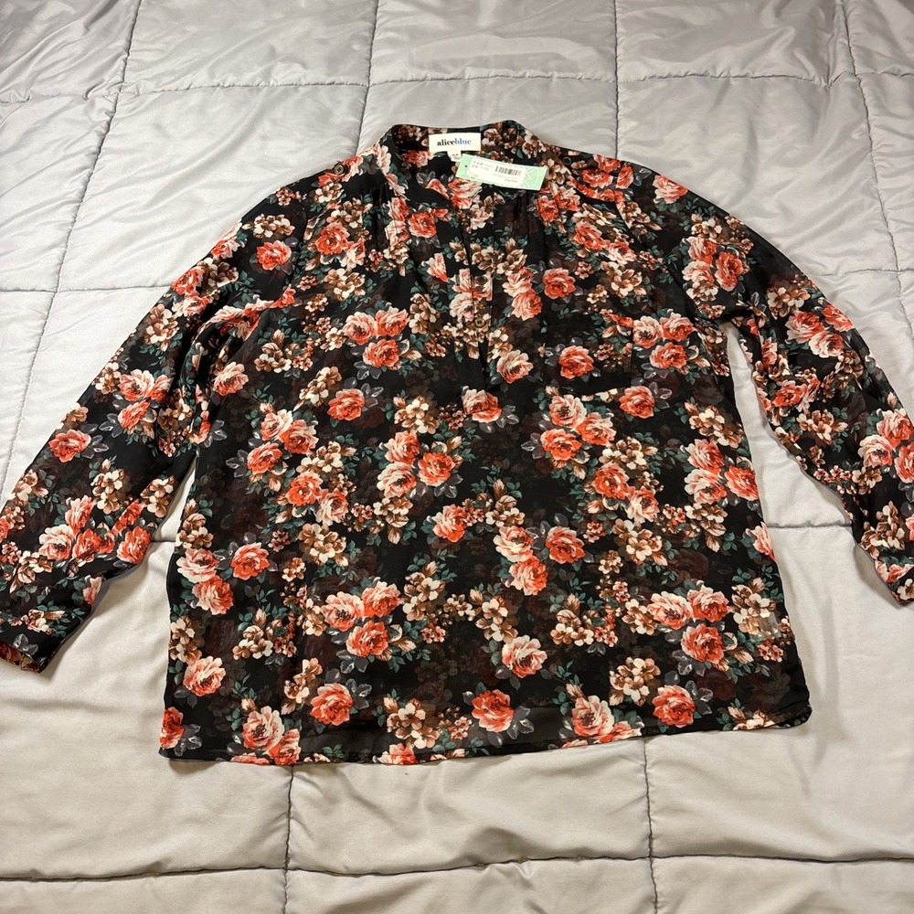 Aliceblue XLP Lucio Henley Blouse Black w/Rose Print NWT
